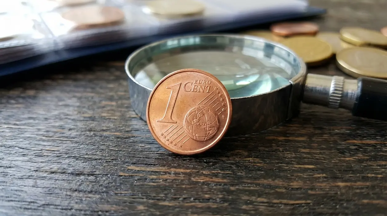 Moneta da 1 centesimo in primo piano accanto a una lente, su un tavolo, durante un controllo numismatico