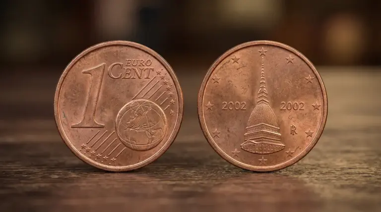 Moneta da 1 centesimo euro: fronte comune e retro con Mole Antonelliana, anno 2002