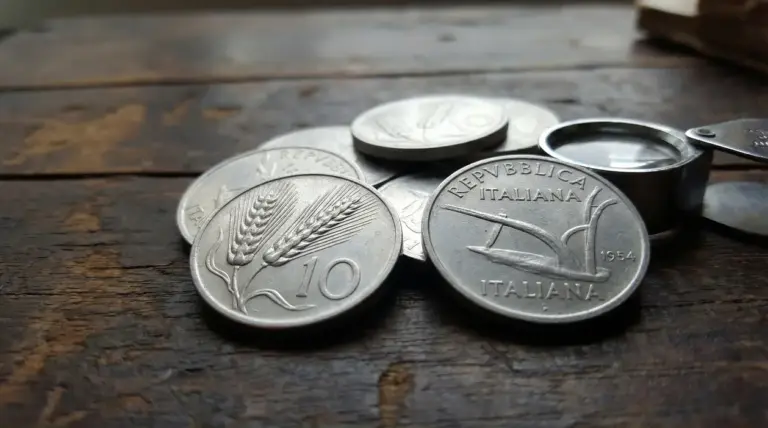 Monete italiane da 10 lire con la spiga su un tavolo, osservate con una lente d’ingrandimento