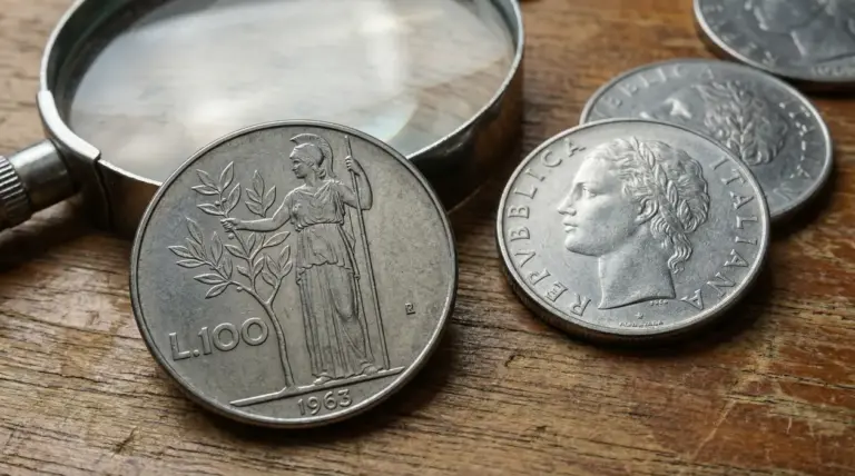 Moneta italiana da 100 lire del 1963 con lente d’ingrandimento su tavolo di legno, vista di entrambe le facce