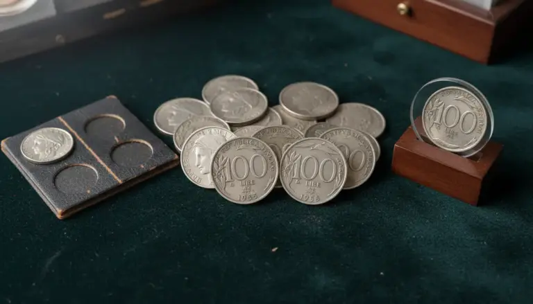 Monete da 100 lire Italia Turrita su panno verde, con una moneta esposta in custodia trasparente