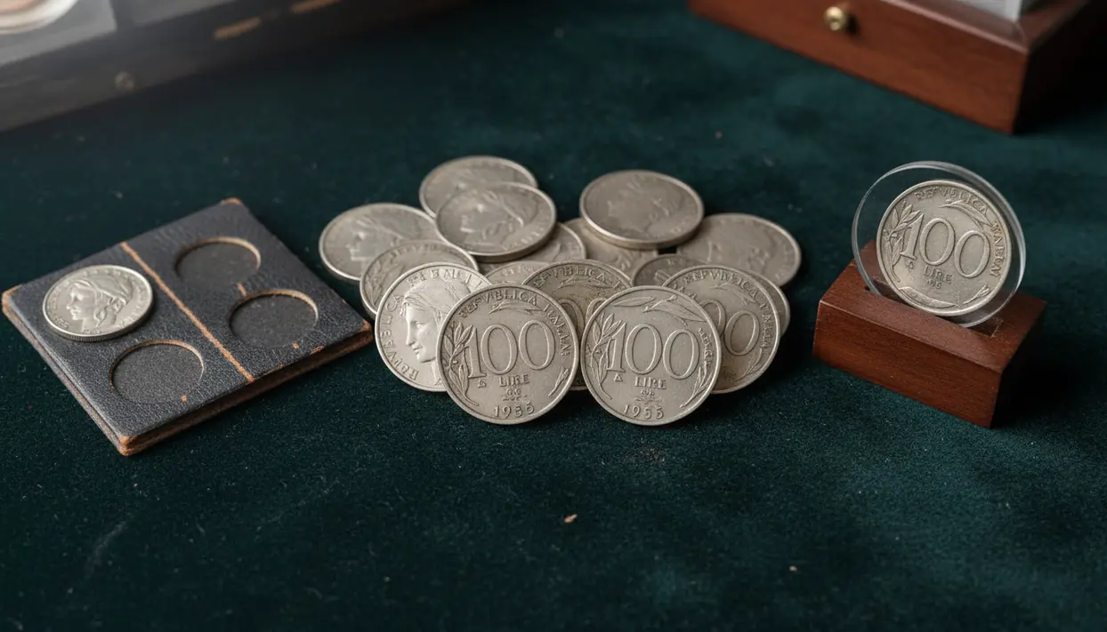 Monete da 100 lire Italia Turrita su panno verde, con una moneta esposta in custodia trasparente