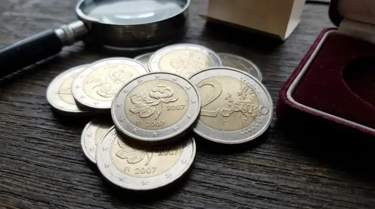 Monete da 2 euro Finlandia 2007 commemorative su tavolo, con lente d’ingrandimento e custodia da collezione