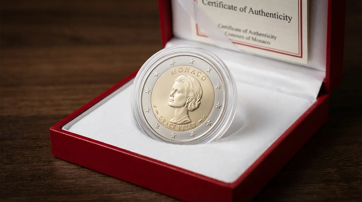 Moneta commemorativa da 2 euro Grace Kelly 2007 in capsule protettiva, esposta in cofanetto con certificato