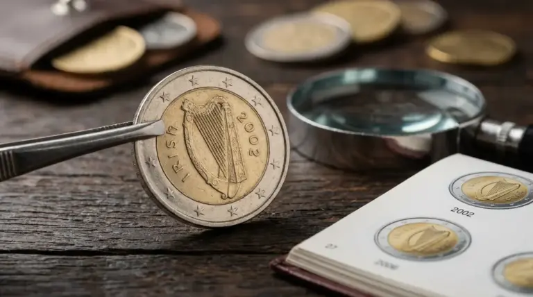 Moneta da 2 euro Irlanda 2002 con arpa, osservata con lente su tavolo, accanto a album numismatico