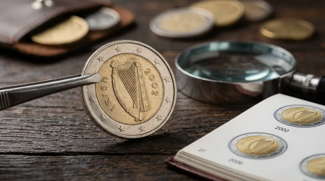 Moneta da 2 euro Irlanda 2002 con arpa, osservata con lente su tavolo, accanto a album numismatico