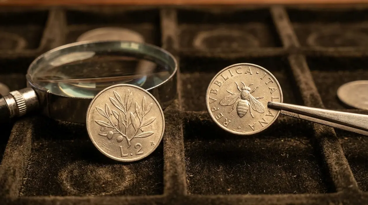 Monete italiane da 2 lire con ulivo e ape accanto a una lente, su vassoio da collezione numismatica