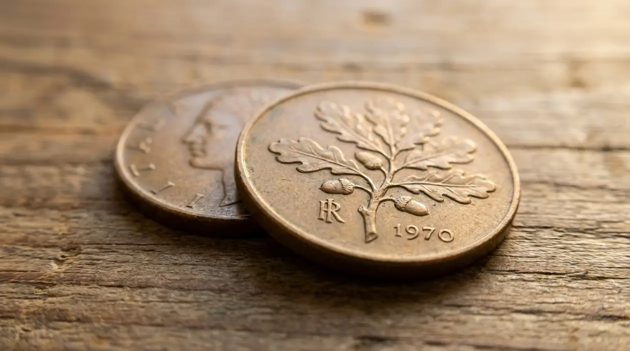 Due monete da 20 lire del 1970 su un tavolo di legno, con il ramo di quercia e la data visibili