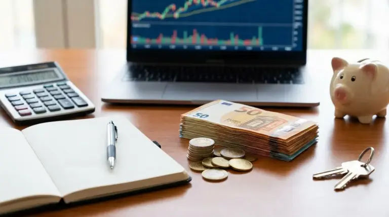 Scrivania con laptop con grafico, calcolatrice, banconote e monete in euro e salvadanaio, per pianificare rendite mensili