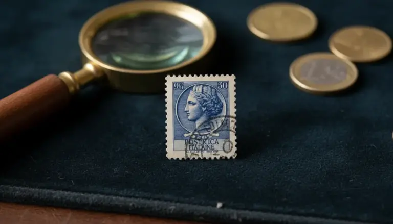 Francobollo 30 lire Siracusana in primo piano con lente d’ingrandimento sullo sfondo