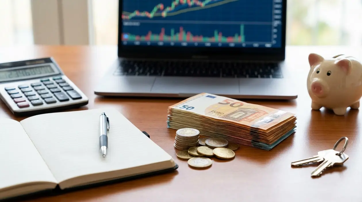 Scrivania con laptop con grafico, calcolatrice, banconote e monete in euro e salvadanaio, per pianificare rendite mensili
