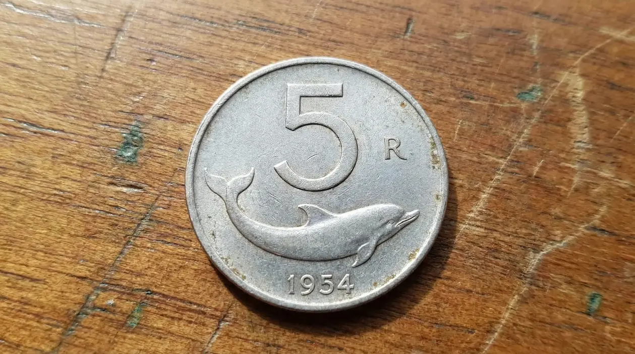 Moneta da 5 lire del 1954 con delfino, appoggiata su un tavolo di legno