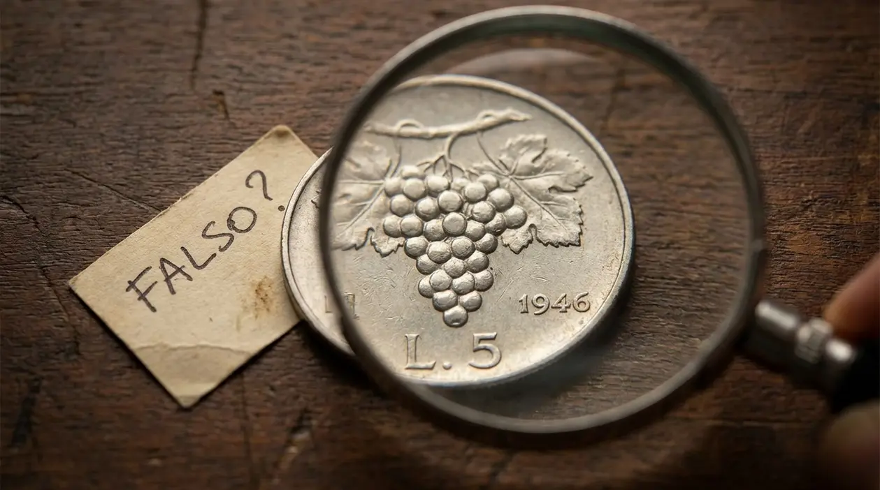 Moneta italiana 5 lire Uva 1946 vista con lente d’ingrandimento su tavolo di legno, con biglietto accanto