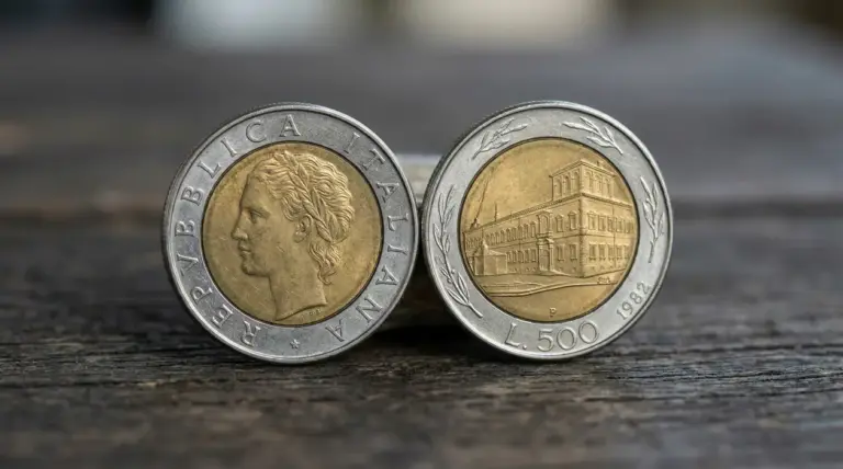 Due monete da 500 lire bimetalliche del 1982 fotografate fronte e retro su un piano in legno