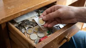 Mano che prende una moneta da 500 lire da un cassetto pieno di vecchie monete e chiavi
