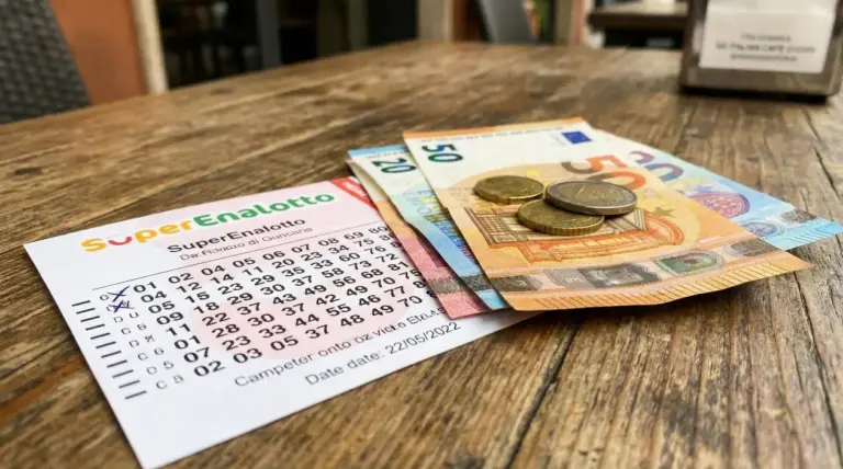 Schedina del SuperEnalotto con banconote e monete in euro su un tavolo di legno