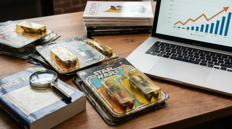 Action figure vintage confezionate su un tavolo con cataloghi d’asta, lente d’ingrandimento e grafico di valore in crescita