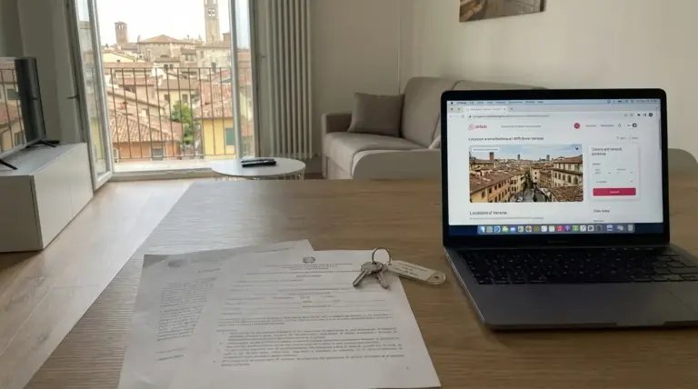 Laptop con annuncio di affitto breve, chiavi e documenti su tavolo in appartamento con vista su centro storico