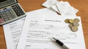 Contratto di affitto su scrivania con calcolatrice, ricevute, penna e monete, per calcolare canone e cedolare secca
