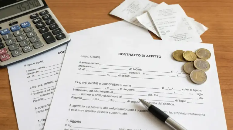 Contratto di affitto su scrivania con calcolatrice, ricevute, penna e monete, per calcolare canone e cedolare secca