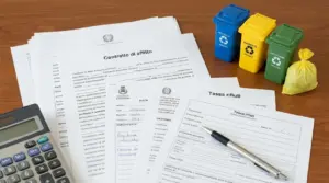 Documenti di contratto d’affitto e moduli tassa rifiuti su scrivania, con calcolatrice e bidoncini per raccolta differenziata
