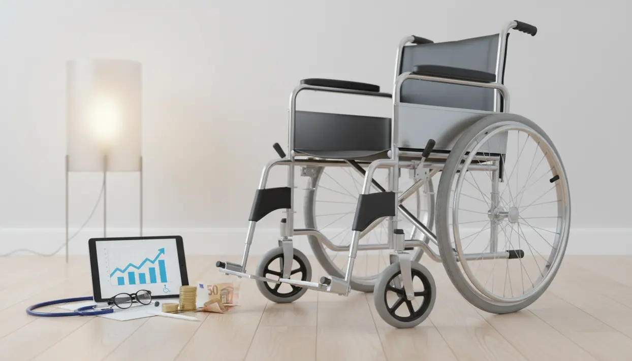 Sedia a rotelle accanto a tablet con grafico, stetoscopio e soldi su un pavimento