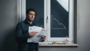 Persona preoccupata con documenti davanti a una finestra, con grafico in calo e strumenti da lavoro sul davanzale