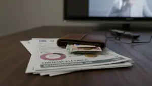 Portafoglio con banconote e monete sopra bollette, sul tavolo accanto a un televisore, legato al canone Rai