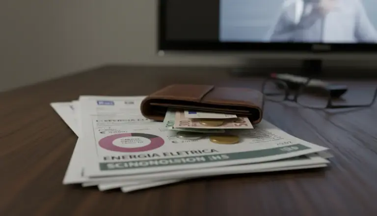 Portafoglio con banconote e monete sopra bollette, sul tavolo accanto a un televisore, legato al canone Rai