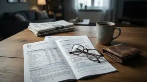 Documenti e tabelle previdenziali su un tavolo con occhiali, portafoglio e tazza di caffè