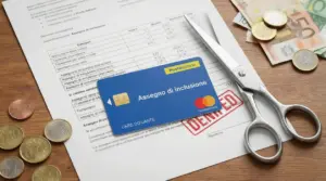 Carta dell’Assegno di inclusione su documenti, con forbici e banconote in euro, simbolo di requisiti più rigidi