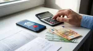 Mano con calcolatrice, smartphone e banconote in euro su un tavolo, tema controlli sul conto corrente