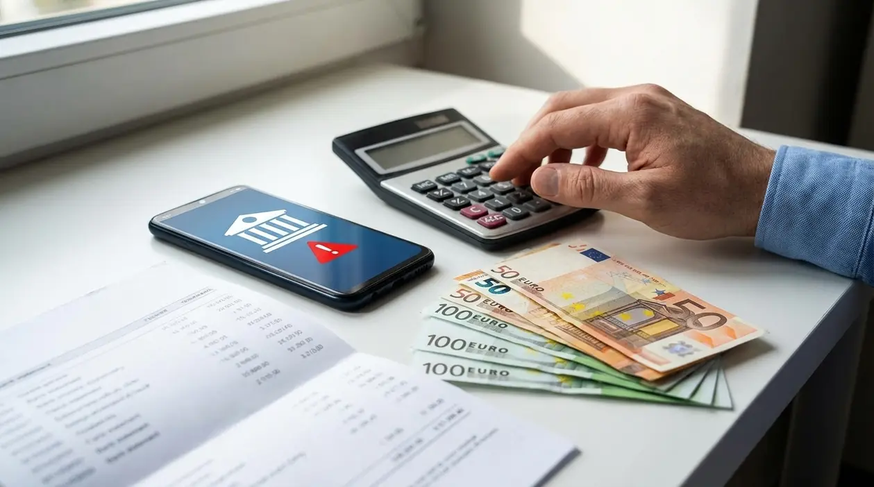 Mano con calcolatrice, smartphone e banconote in euro su un tavolo, tema controlli sul conto corrente