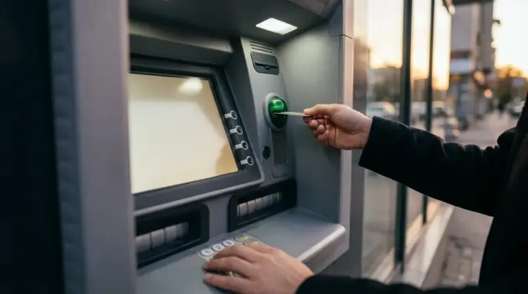Persona che inserisce una carta in un bancomat per un prelievo di contanti in strada