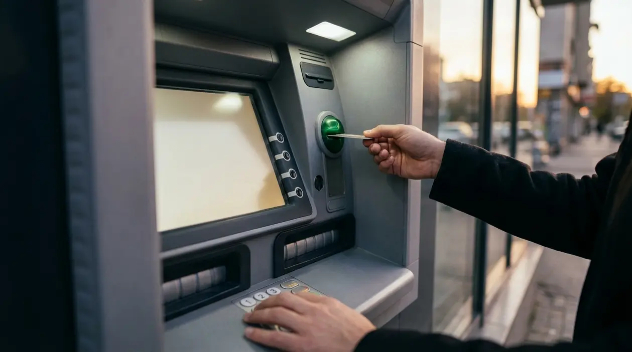 Persona che inserisce una carta in un bancomat per un prelievo di contanti in strada