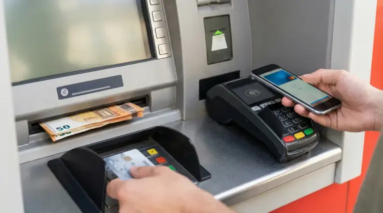 Sportello bancomat con banconote in uscita e pagamento contactless con smartphone su POS