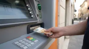Persona ritira banconote da un bancomat in strada, immagine legata a prelievo di contanti e possibili obblighi di restituzione