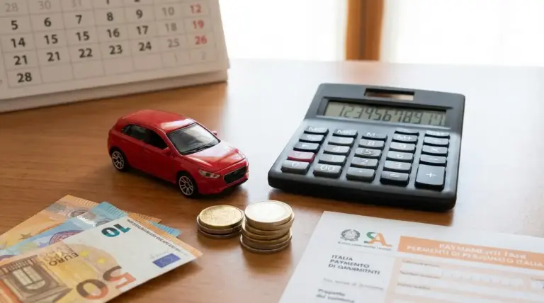 Modellino di auto rossa con calcolatrice, euro e calendario su un tavolo, simbolo dei costi del bollo auto