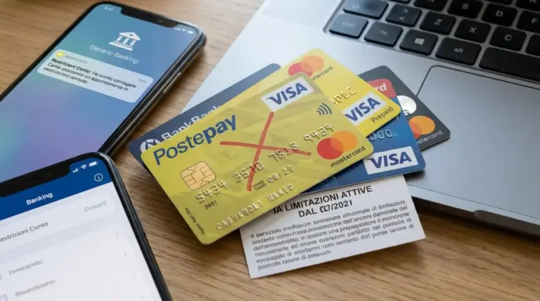 Carte prepagate e smartphone con app di banking accanto a un computer, simbolo di nuove limitazioni in arrivo