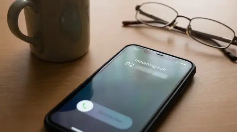 Smartphone su un tavolo con chiamata in arrivo da prefisso 02, vicino a tazza e occhiali
