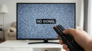 Mano con telecomando davanti a TV con schermata di assenza segnale, possibile cambio canali del digitale terrestre