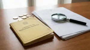 Libretto di risparmio postale con monete, documenti e lente d’ingrandimento su un tavolo