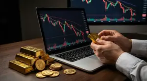 Mani che tengono un lingotto d’oro davanti a un laptop con grafici di borsa in calo e monete sul tavolo