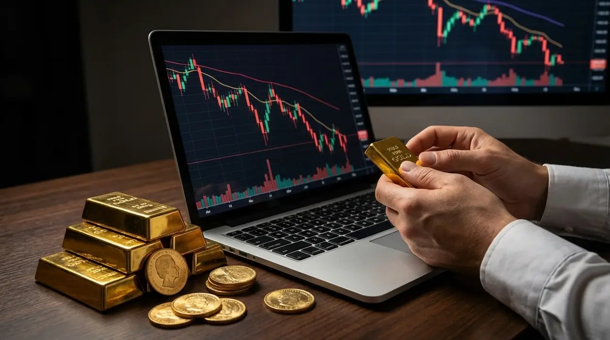 Mani che tengono un lingotto d’oro davanti a un laptop con grafici di borsa in calo e monete sul tavolo