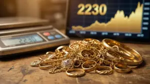 Gioielli d’oro usato su un tavolo vicino a una bilancia e a un grafico dei prezzi, per valutare il prezzo al grammo