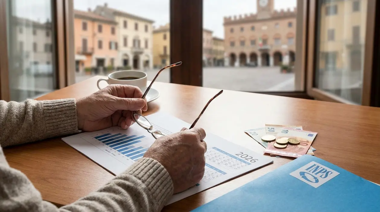 Persona al tavolo con documenti e calendario, banconote e monete, per pianificare pensione e requisiti INPS