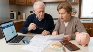 Coppia di pensionati controlla documenti e pagamenti in cucina con computer, contanti e salvadanaio