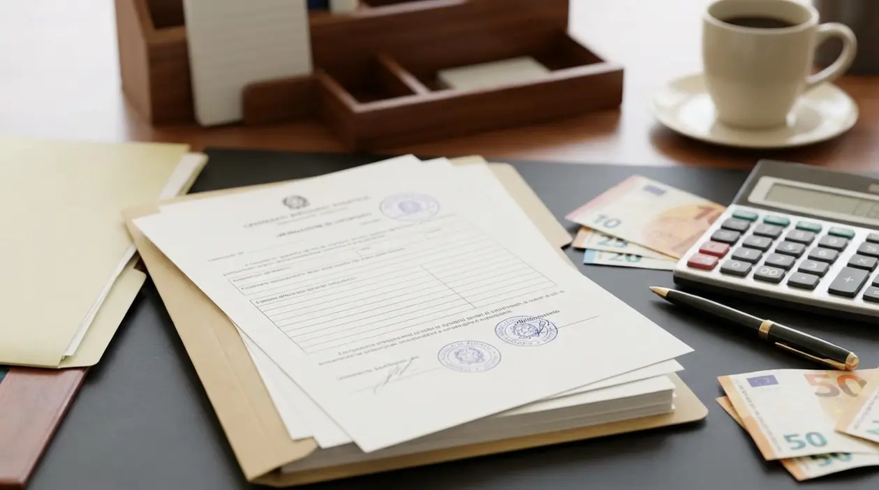 Documenti fiscali su una scrivania con calcolatrice, penna e banconote in euro