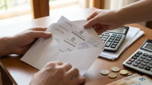 Mani che aprono una busta con una cartella esattoriale su un tavolo con calcolatrici, monete e banconote