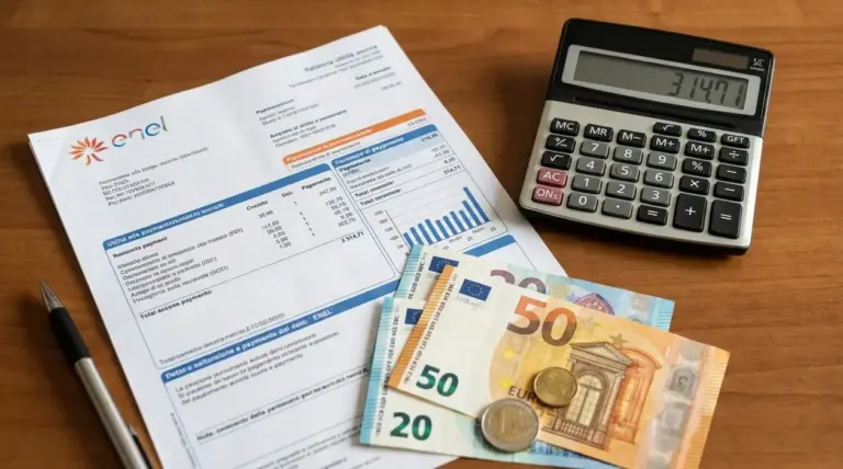 Bolletta elettrica su tavolo con calcolatrice e banconote in euro, per spiegare i cambiamenti nelle bollette nazionali
